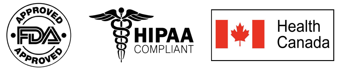 Logos de certificaciones FDA, HIPAA y Health Canada